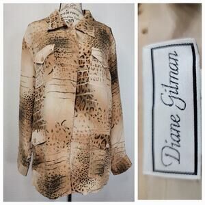 Diane Gilman Blouse Womens 1X Vintage 100% Silk Animal Print Cargo Long Sleeves